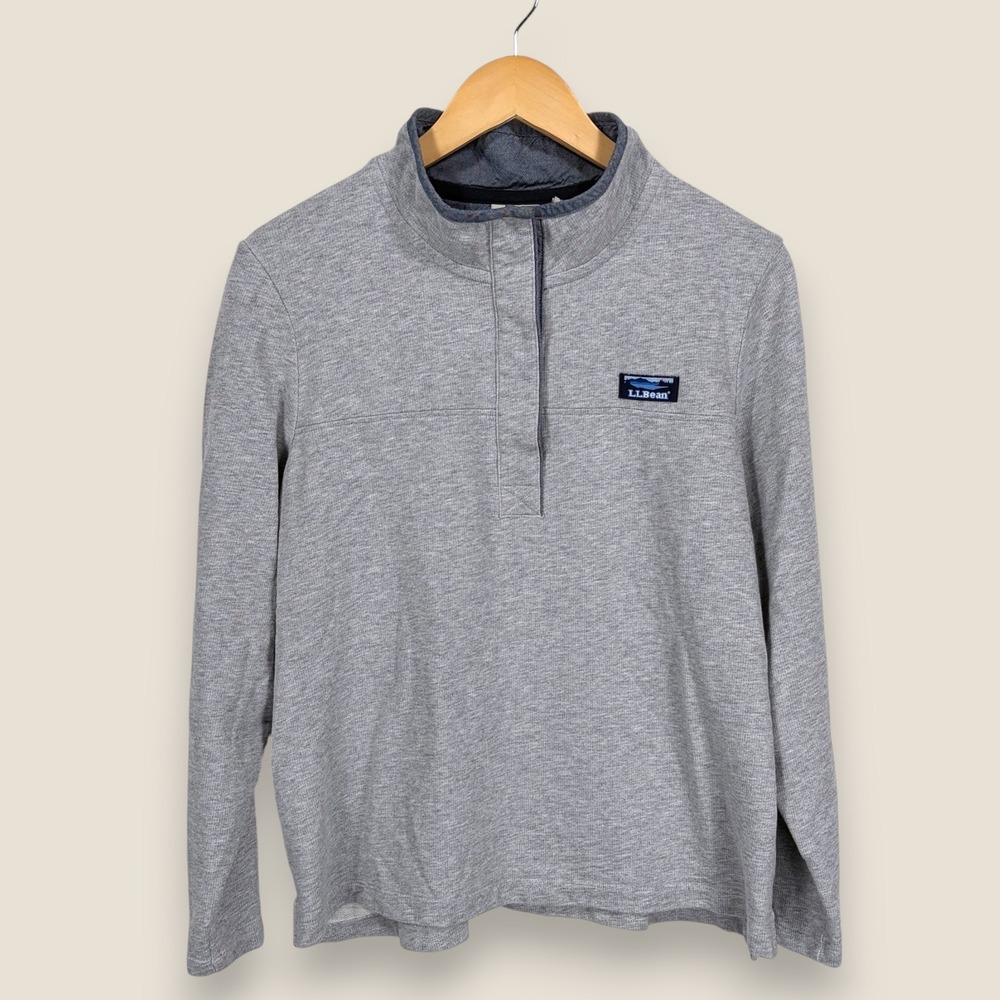 LL Bean Mock Neck Rugby Top Shirt Pullover Women Large Petite Gray Cotton Button